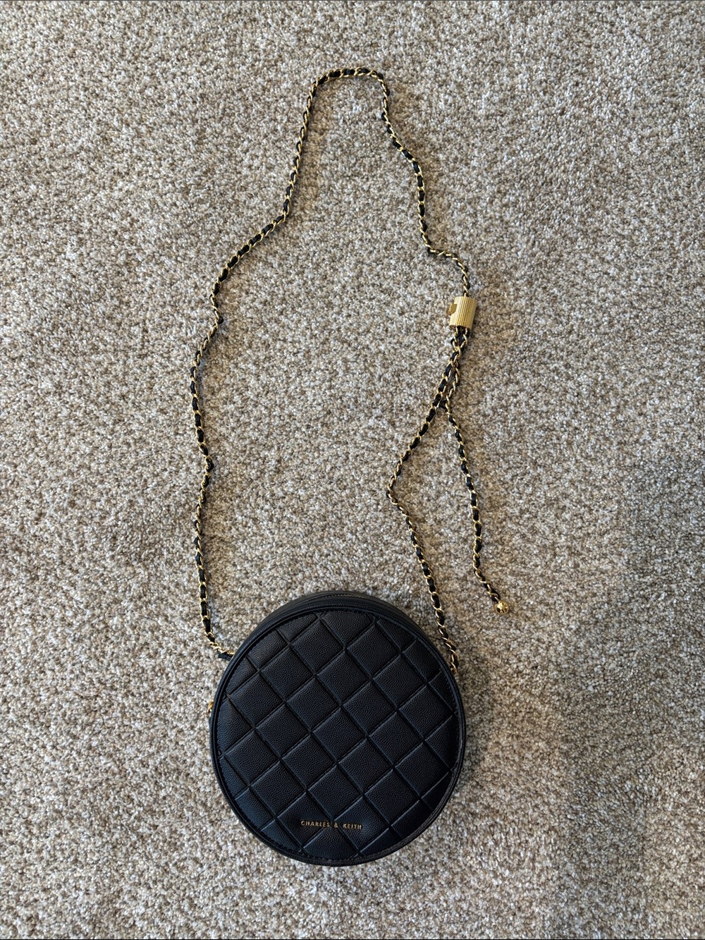 Charles & Keith Black Quilted Round Crossbody with Gold Chain